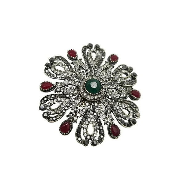 Clear Rhinestones Red Green Stone Flower Openwork Brooch Pin Vintage - Picture 2 of 4
